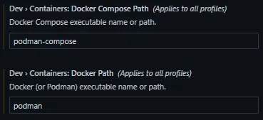 VS Code Dev Containers runtime executable settings